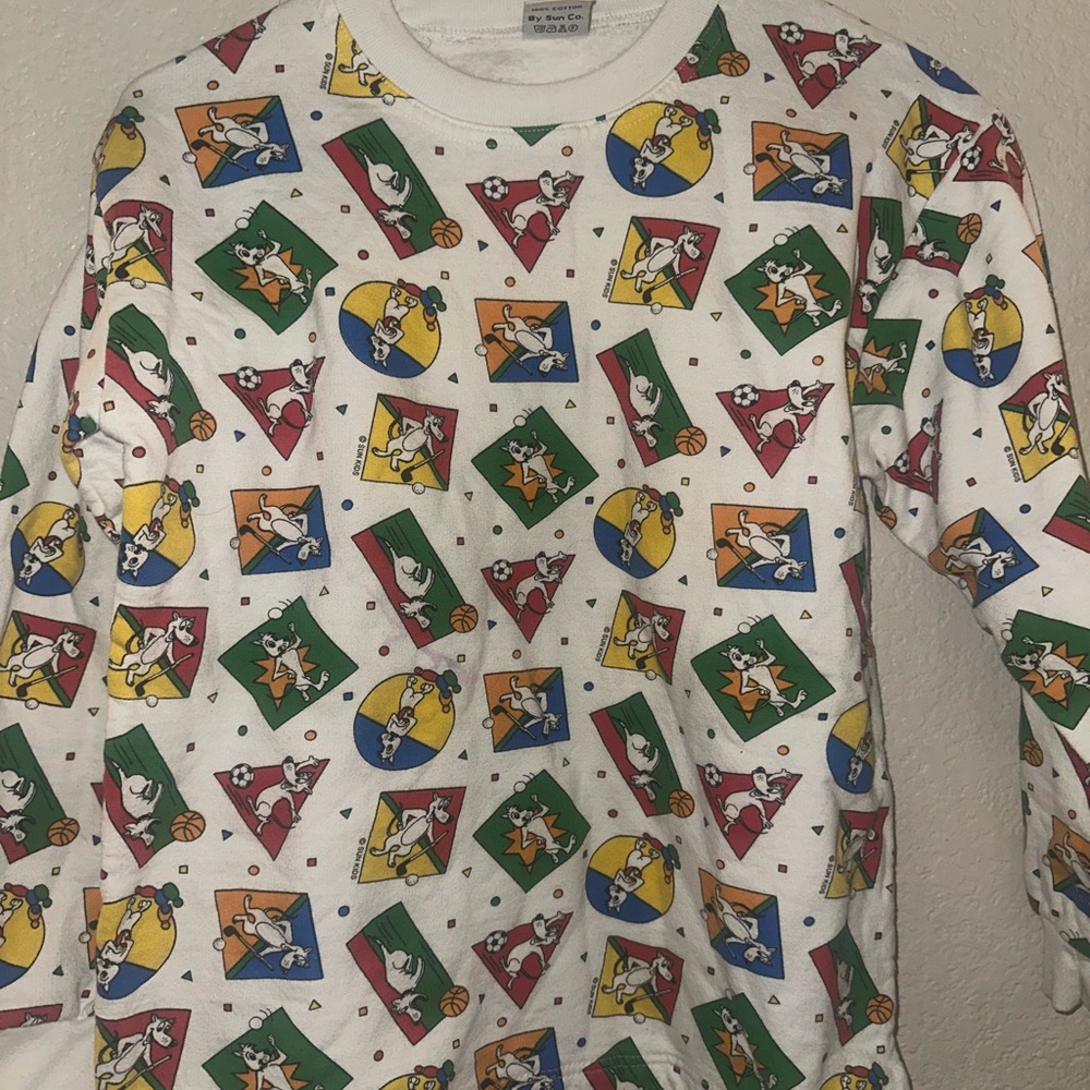 Red and White Long Sleeve Tee with Cartoon Print